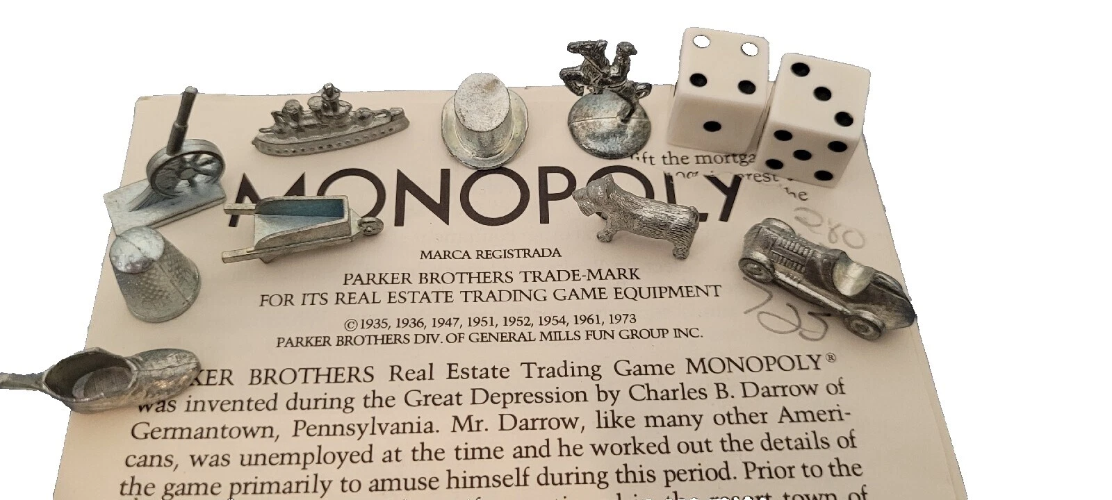 Juego de dados de papel Parker Brothers piezas y piezas