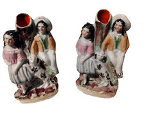 PAIR ANTIQUE VICTORIAN STAFFORDSHIRE FLATBACK FIGURE BOY & GIRL & DOG SPILL VASE