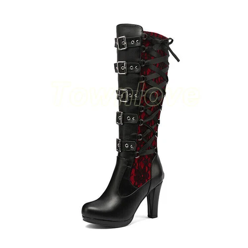 Victorian Women High Heel Gothic Tall Lace Up Knee High Steampunk Pirate Boots - Picture 9 of 22