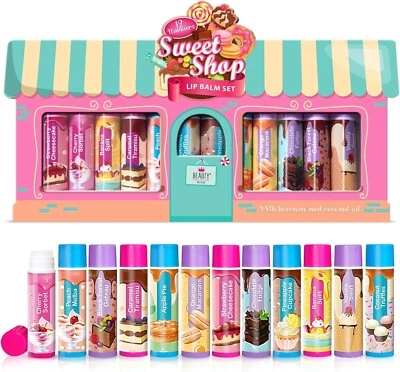 BEAUTY4BRITAIN Kids Lip Balm Set Sweet Shop 12 Different Dessert Flavours Beeswax & Coconut Oil