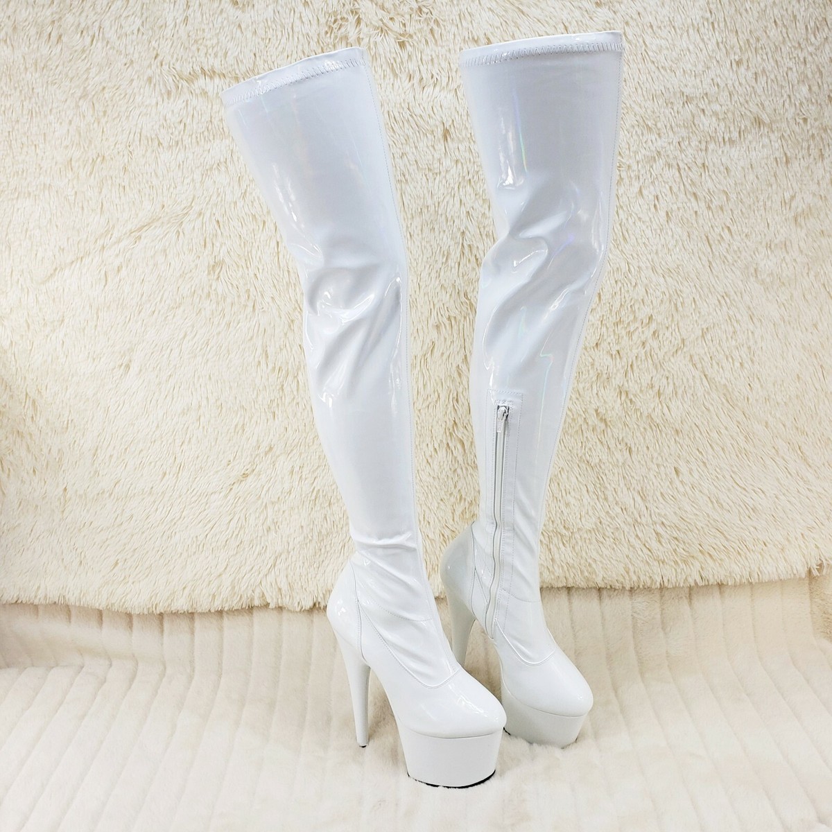 ADORE 3000 White Hologram Patent Over The Knee Platform ADORE 3000 White Hologram Patent Over The Knee Platform