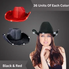 Party Glowz Light Up LED Flashing Cowboy Hat Black & Red Sequins - Pack of 72