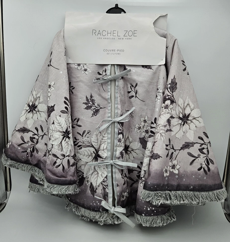 NWT Rachel Zoe 50" Christmas Tree Skirt, Gray, Silver, White Poinsettias - Image 2 of 4