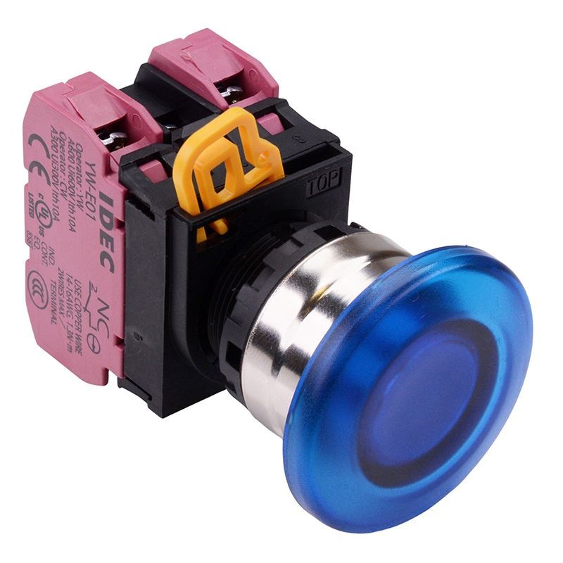 IDEC Blue 24V illuminated 22mm Metal Mushroom Maintained Push Button Switch 2NC