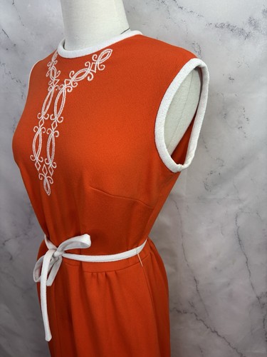Vintage 60er Jahre Orange MOD Ärmellos Maxikleid M Akzent Gürtel Rille MCM Retro - Bild 17 von 22