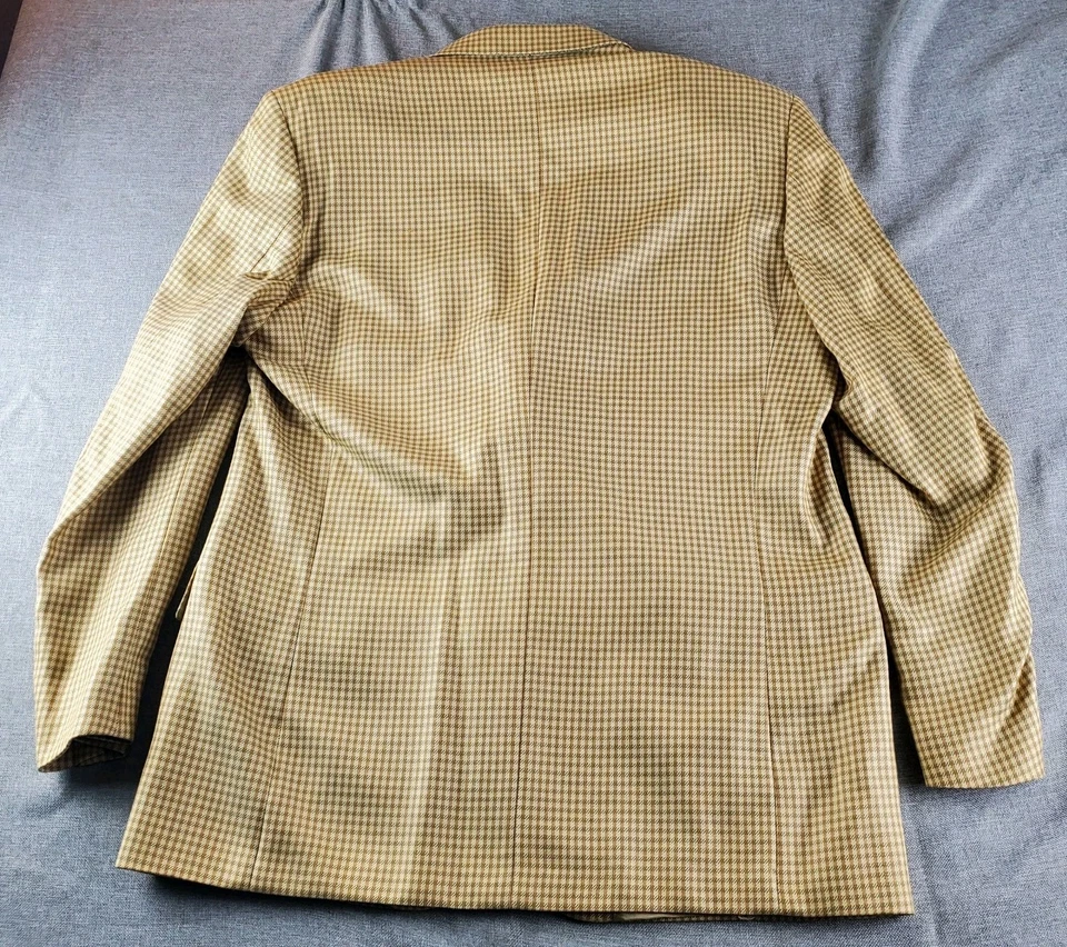 Saks Fifth Avenue 运动外套男式 46 金色格子羊毛丝绸羊绒西装外套意大利 — 第 3/4 张图片