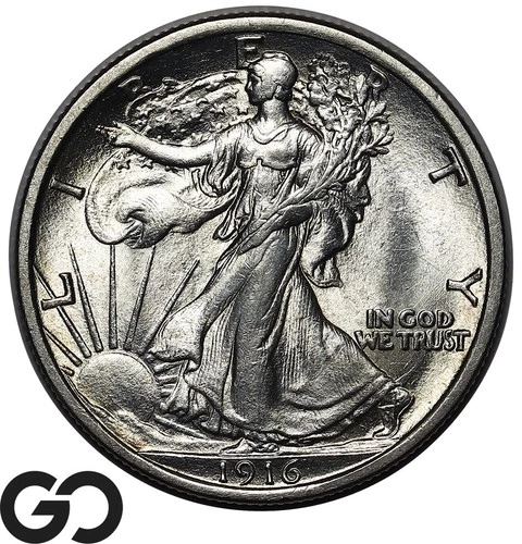 1916 Walking Liberty Half Dollar, Blast White Gem BU++ Better Date, Tough!