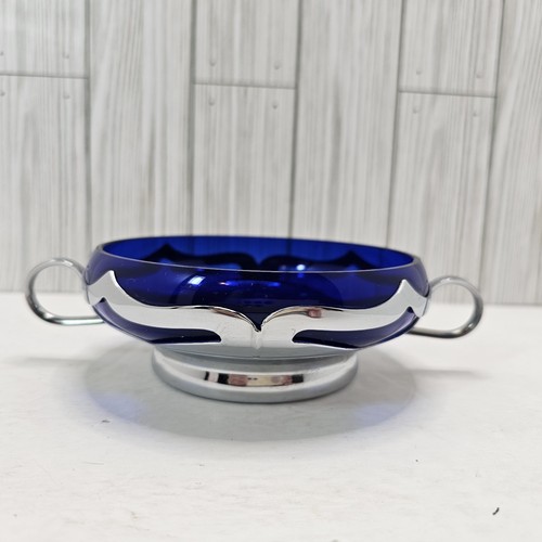 Vintage 1940s Cobalt Blue Glass Dish Handles Chrome Carrier Farber Bros Art Deco