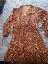 SheIn Curve Brown White Leaf Print Wrap Short Dress V-Neck Long Sleeve Plus 2XL