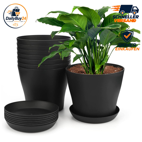 BlumentöPfe 17Cm Kunststoff Set 8 StüCk Mit Untersetzer FüR Pflanzen Schwarz-image