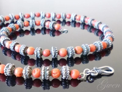 Ancien Collier Corail Perles Argent Massif 54cm XIXeme - Photo 1/4