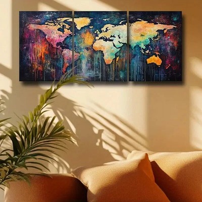3pcs Watercolor World Map Design Metal Print Ready to Hang Art