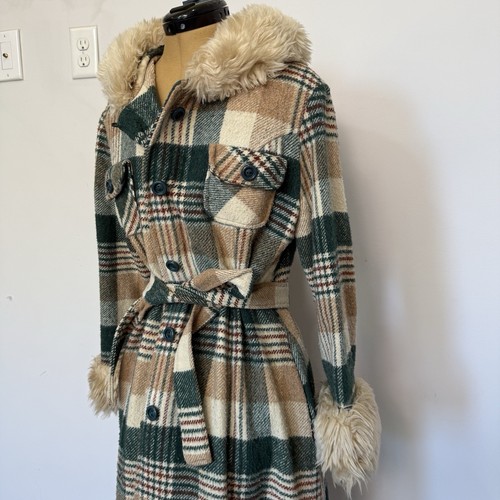 Vintage Penny Lane RARA giacca con cappuccio pelliccia autunno a quadri lana verde media - Foto 3 di 8