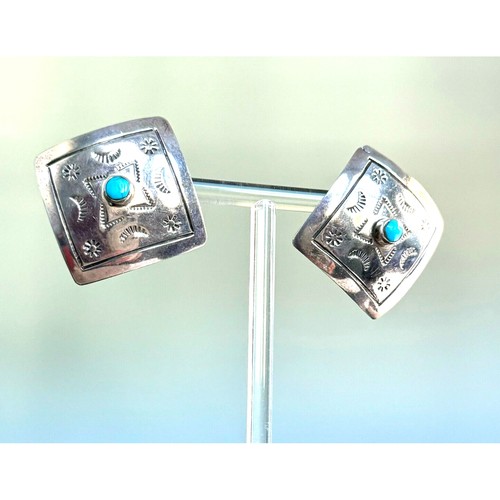 TAXCO NAT. AMER. DESIGN 925 STERLING SILVER AND TURQUOISE EARRINGS EAR CLIPS SKY