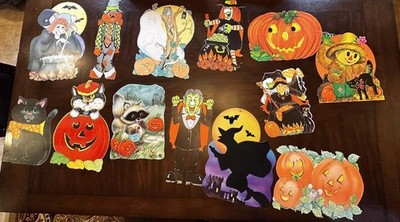 13 Vintage Halloween Die Cut Outs Party Decor Some With Felt And Neon Raccoon￼,