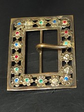 LARGE VINTAGE GILT METAL JEWELED BELT BUCKLE RHINESTONES