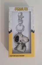 Peanuts Snoopy Bag Charm Crystal Rhinestone Key Ring Silver Clip New in Box