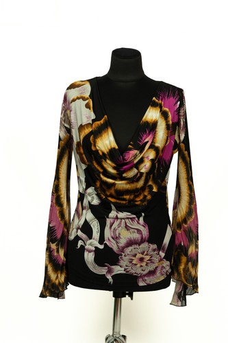 Roberto Cavalli, Roberto Cavalli Womens S Floral Cowl Neck Top Bell Sleeve Stretch Made in Italy