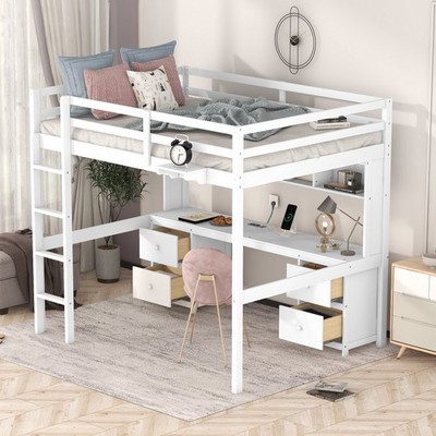 Full Size Wood Loft Bed with Desk, Cabinets, Drawers and Charging Station, White