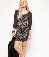 Free People  womens S Mini Dress Out Of Africa Bodycon Charcoal Lace Mesh Panels