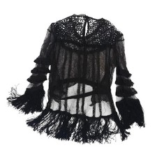 Black Crochet Lace Blouse Fringe Tassels Antique Victorian Edwardian Top Shirt