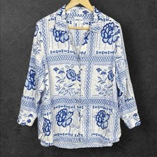 Halston Floral Linen Button Up Tunic Top Womens 2X Blue Boho Coastal 3/4 Sleeves