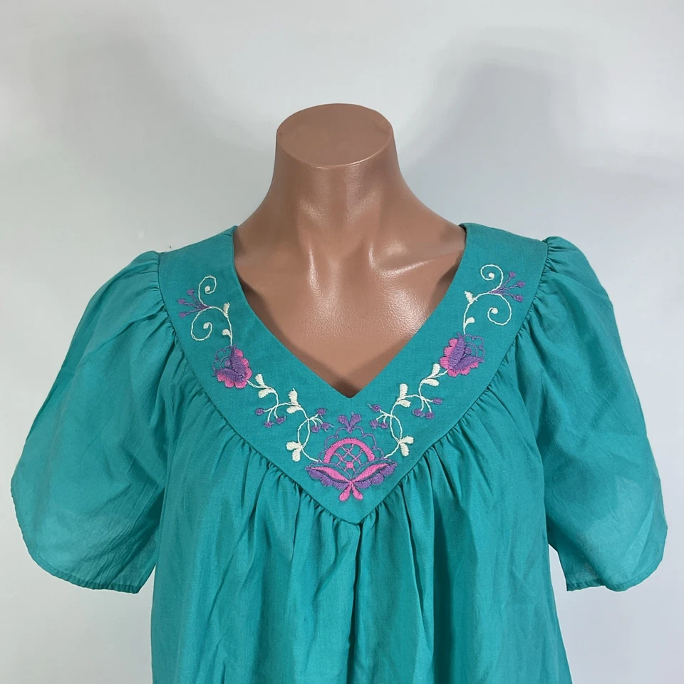 Vestido mexicano vintage Apóstrofe bordado verde azulado XL 14/16 Kaftan MuuMuu Foto 3 de 4