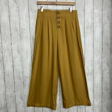 Shinestar Mustard Yellow Flowy Button Accent Cropped Wide Leg Lightweight Pants 