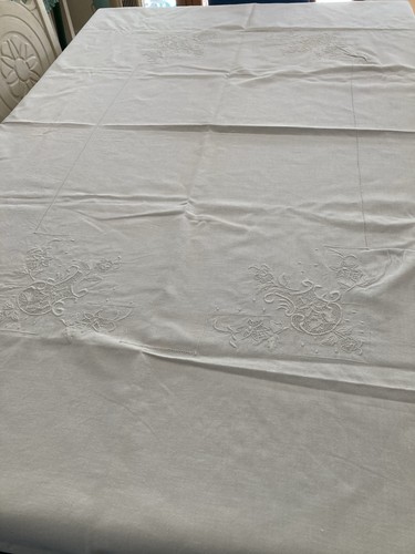 Vintage Sturdy Heavy Cotton Tablecloth Elegant White On White Embroidery 90x61” - Picture 11 of 12