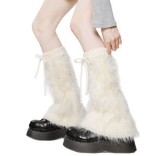 Lady Winter Flared Leg Warmer Calf Covers Bow Tassel Plush Faux Fur Hosiery Cuff