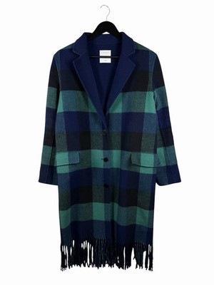 Sandro Paris Tartan Green Blue Fringe Women's Wool Coat - Sz M (approx)
