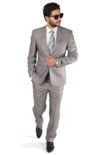 Slim Fit Men Suit 2 Button Notch Lapel Silver Grey Flat Front Pants By AZAR MAN