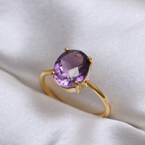 14K Real Solid Gold Purple Amethyst Oval Cut Ring Engagement Birthstone Ring
