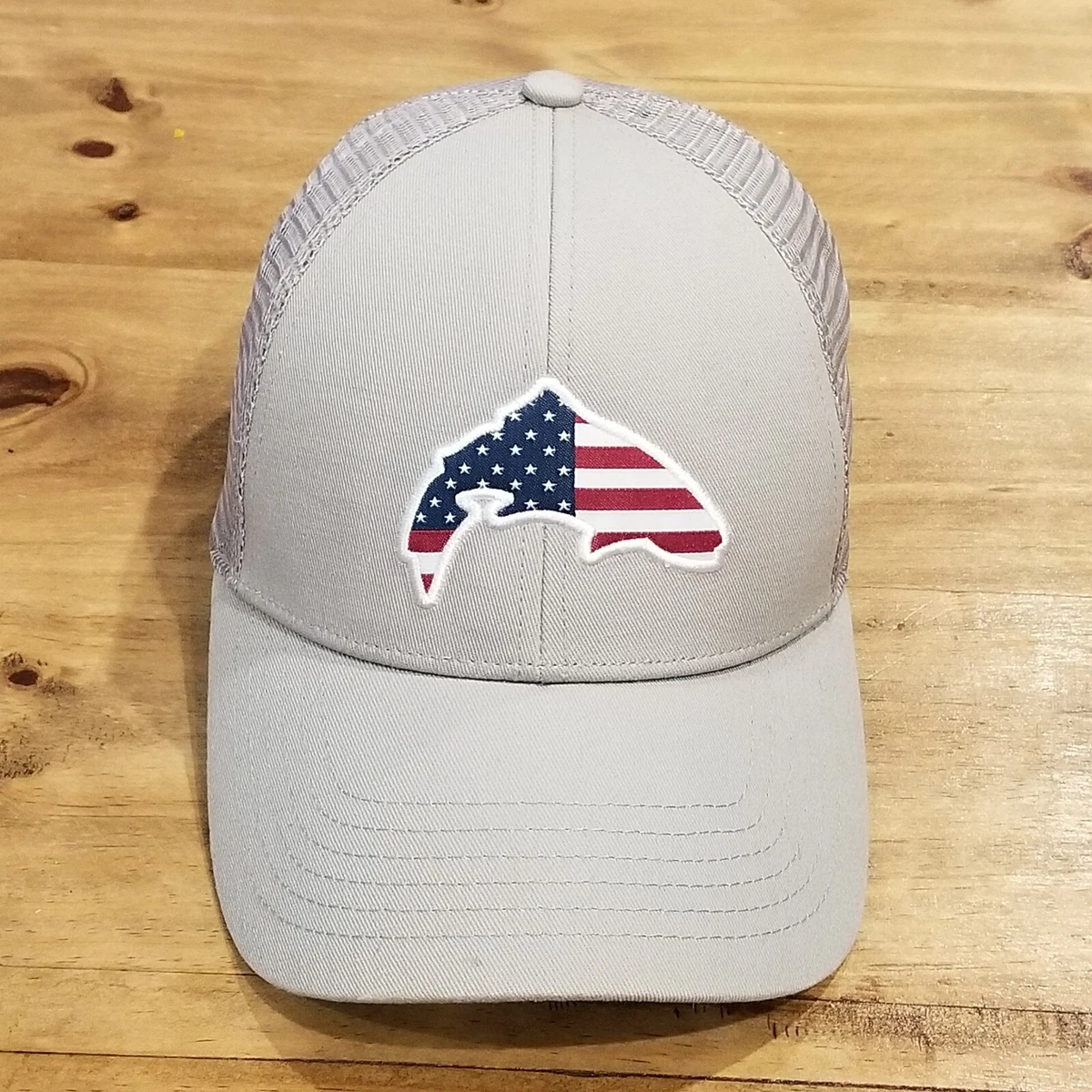 Simms Fishing Hat Cap Snap Back Gray Fish American Flag Logo One