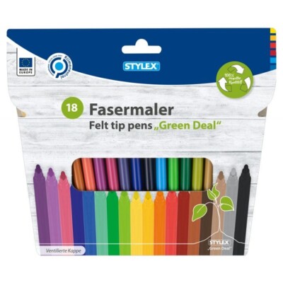 Stylex Fasermaler Filzstifte 18 Stifte Green Deal 100% recycelter Kunststoff