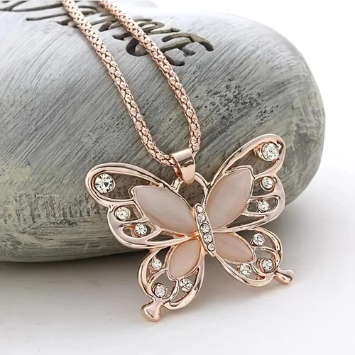 Butterfly Pendant Necklace Rose Golden Color Long Sweater Chain - Picture 1 of 5