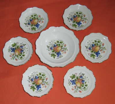 7 Teile Set Dessert Schalen Snackschalen Porzellan Obst Muster Gold Rand