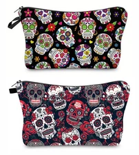 Skull Dia De Los Muertos Print Makeup Bag Travel Essential Accessories - New