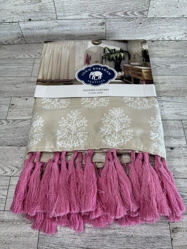 New John Robshaw Textiles Flower Shrub Pink/Tan/White Shower Curtain 72"x72" - Afbeelding 1 van 4