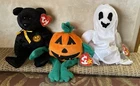Set of 3: VTG Ty Halloween Beanie Babies - HAUNT - PUMKIN - SHEETS 8-9" Tall