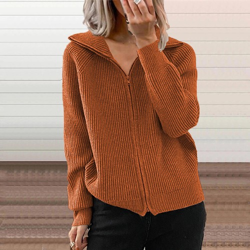 Damen Freizeitmantel Strickshirt Reißverschluss lose Cardigan langärmelig Reverspullover - Bild 21 von 32