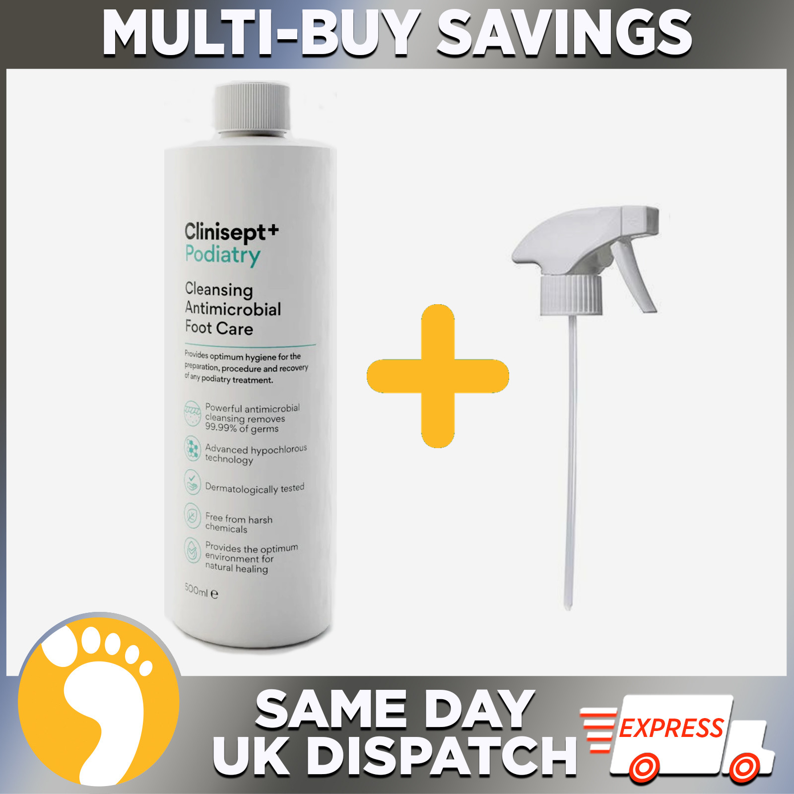 Cliniept+ Podología Limpieza Antimicrobiano Cuidado de Pies Spray Piel 500 ml + Gatillo