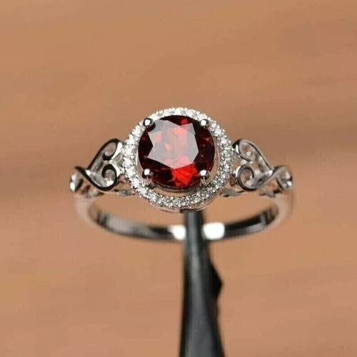 2Ct Round Cut Lab-Created Red Garnet Halo Engagement Ring 14K White Gold Plated