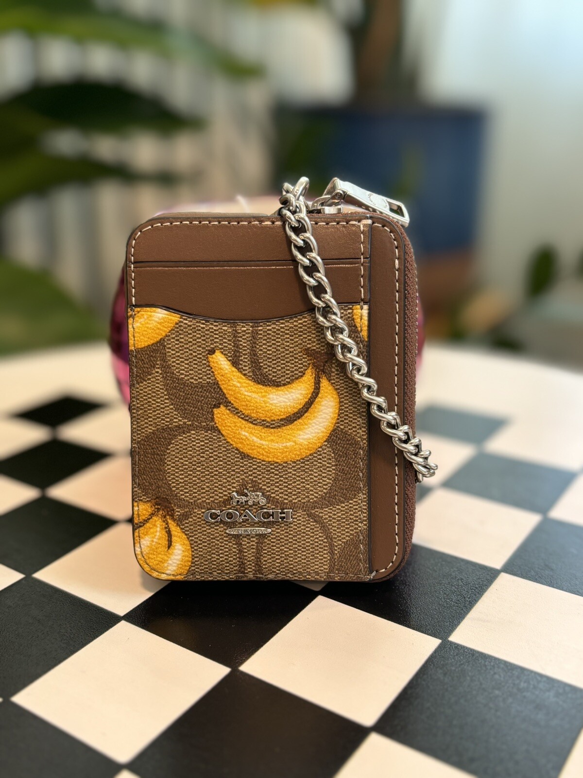 Authentic Coach Zip Card Case in Signature Canvas with Playful Banana Print  