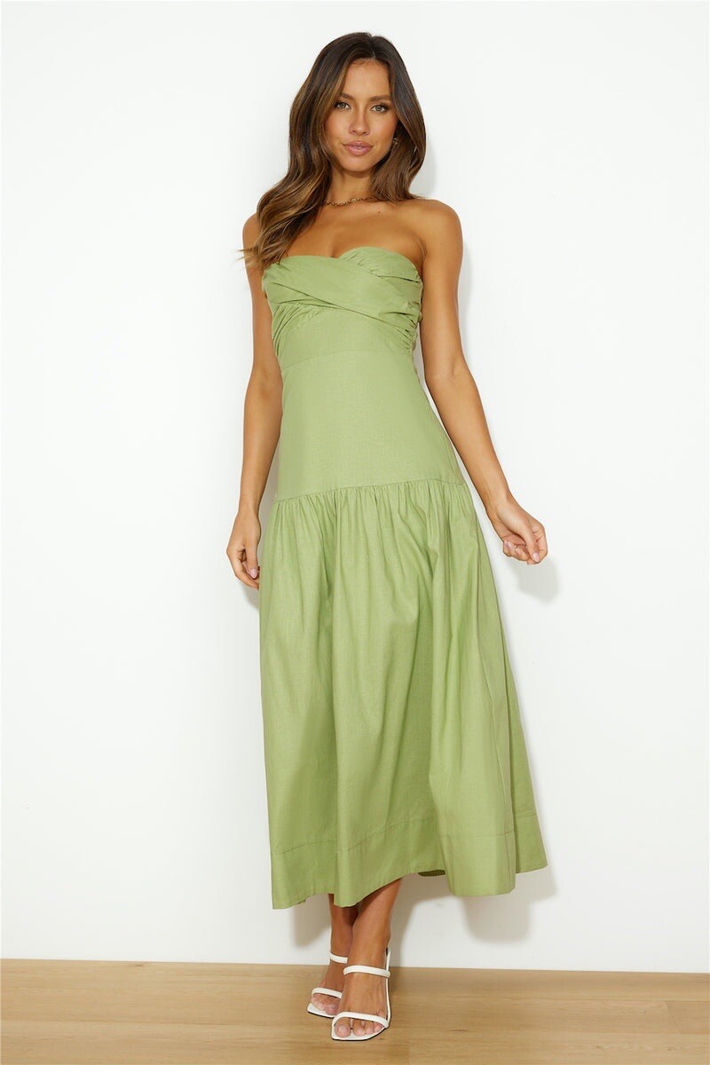 Green linen strapless dress