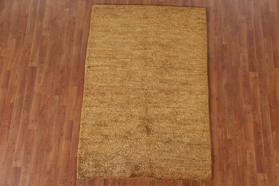Gold Solid Modern Moroccan Oriental Area Rug 4'x6' Jute Hand-knotted Carpet - Image 2 of 4