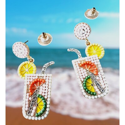 Tropical Cocktail Earrings Beaded Dangle Posts Lemon Lime Cruise Island Handmade