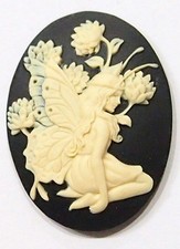 4 of 40x30mm Cream over Black Victorian Fairy Women Kneeling in Flowers Cameos