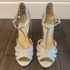 Betsey Johnson SB-TEE Silver Glitter T-Strap Heels Size 8