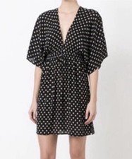Tory Burch Black White Fish Print V-Neck Tie Waist Mini Dress M Viscose